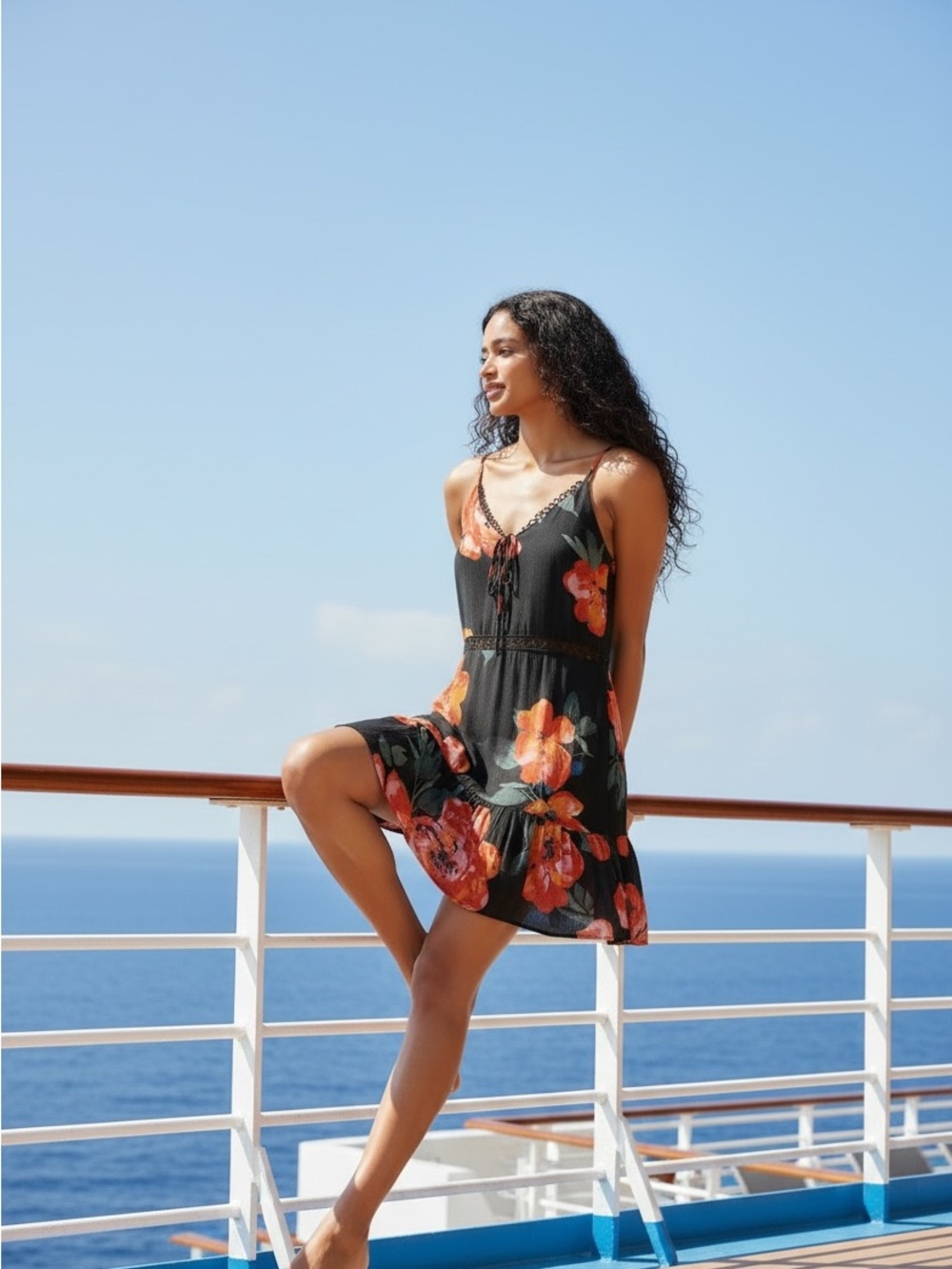 Lulu's Black Floral Tie-Front Spaghetti Strap Sundress M